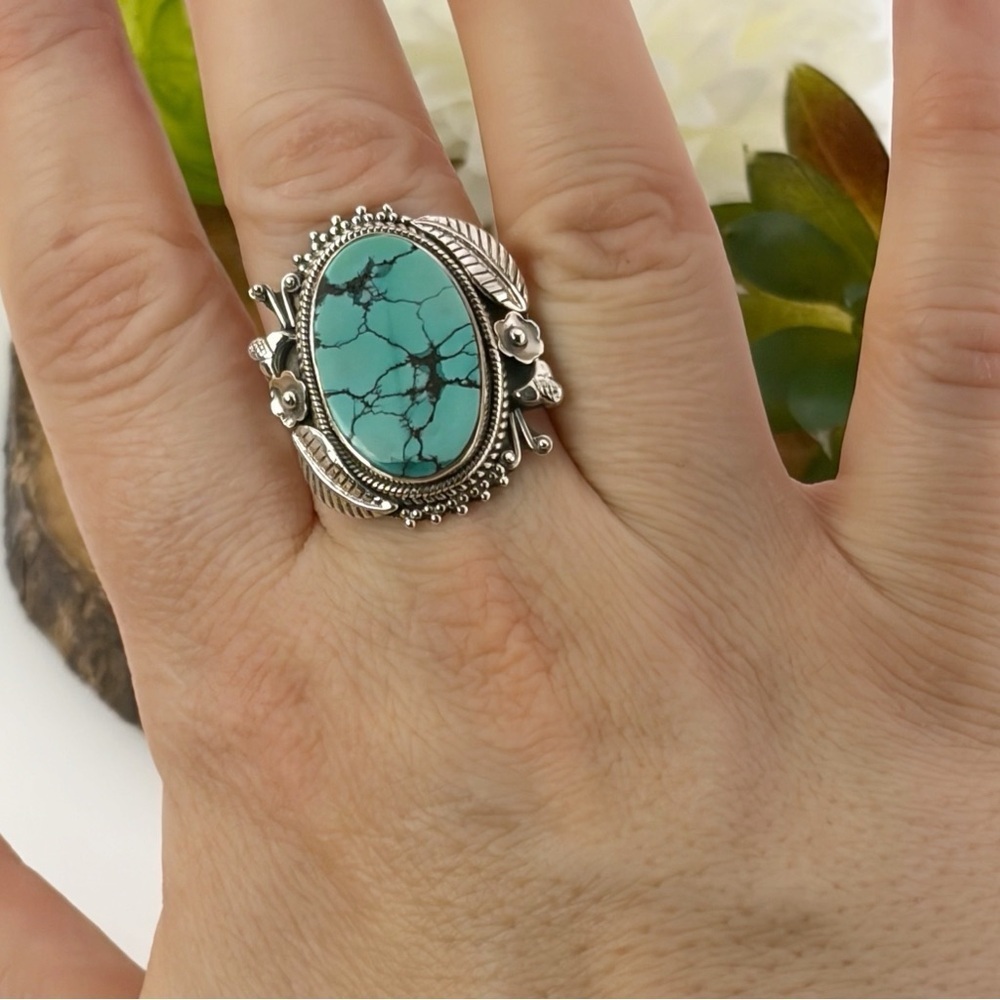 Southwest Spiderweb Turquoise Ring Size 9 Navajo Style Pure Sterling Silver 925 - Picture 3 of 11